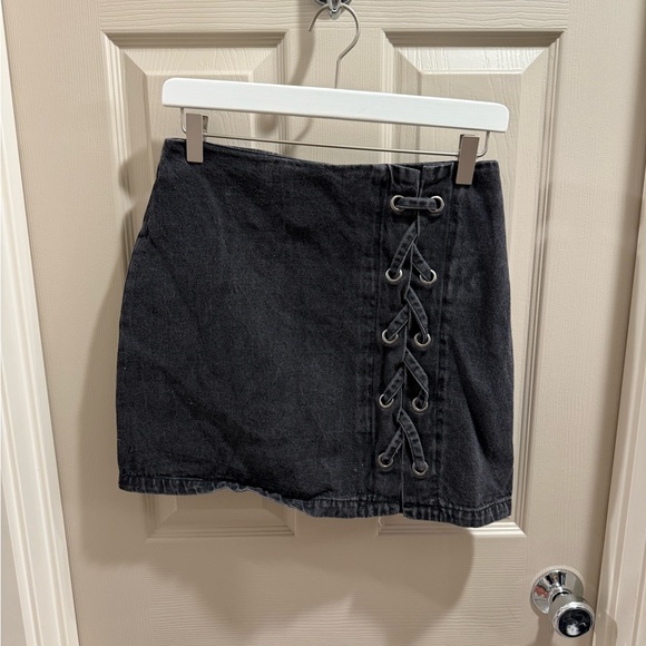 Black Denim Skirt with Lace-Up Detail - Picture 1 of 2